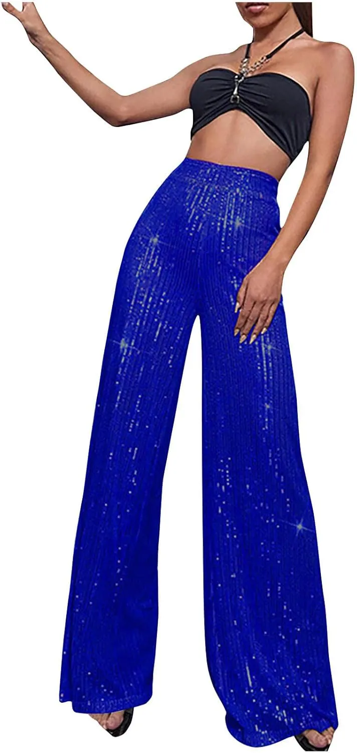 Women's Summer Wide Leg Pants Casual Sequins High Waisted Palazzo Pants Fashion Dressy Elegant Flowy Trousers