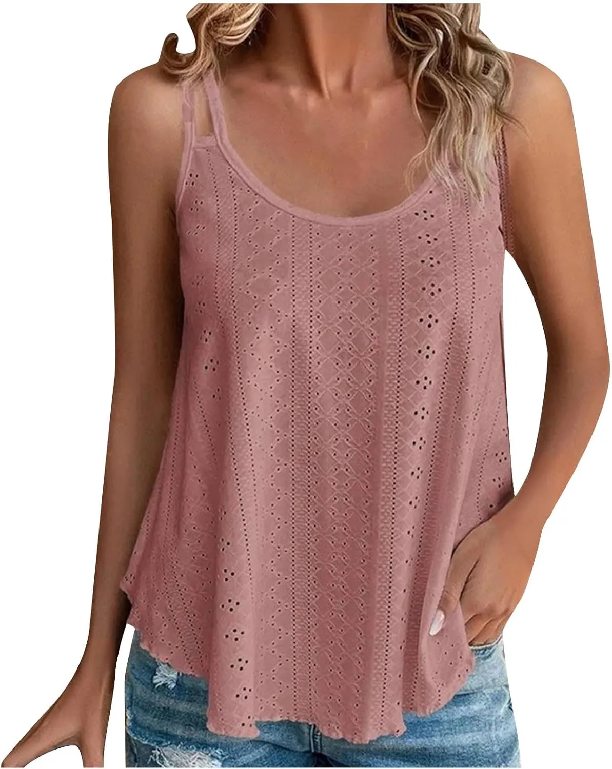 Womens Tank Tops Summer Sleeveless Casual Spaghetti Strap Blouses Eyelet Embroidery Scoop Neck Loose Fit Shirts