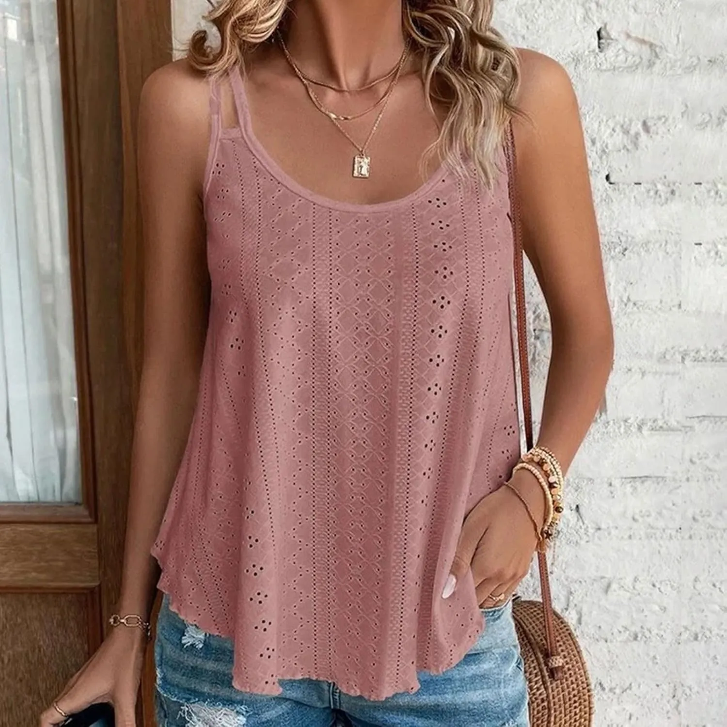 Womens Tank Tops Summer Sleeveless Casual Spaghetti Strap Blouses Eyelet Embroidery Scoop Neck Loose Fit Shirts