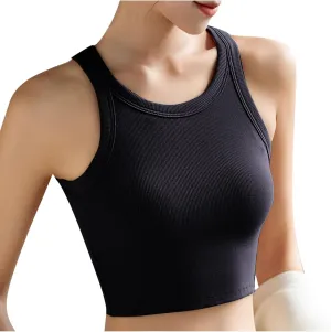 Womens Tank Tops with Bulit Padded Bra Workout Yoga Crop Tops Slim Fit Basic U Neck Active Underwear Ribbed Tanks