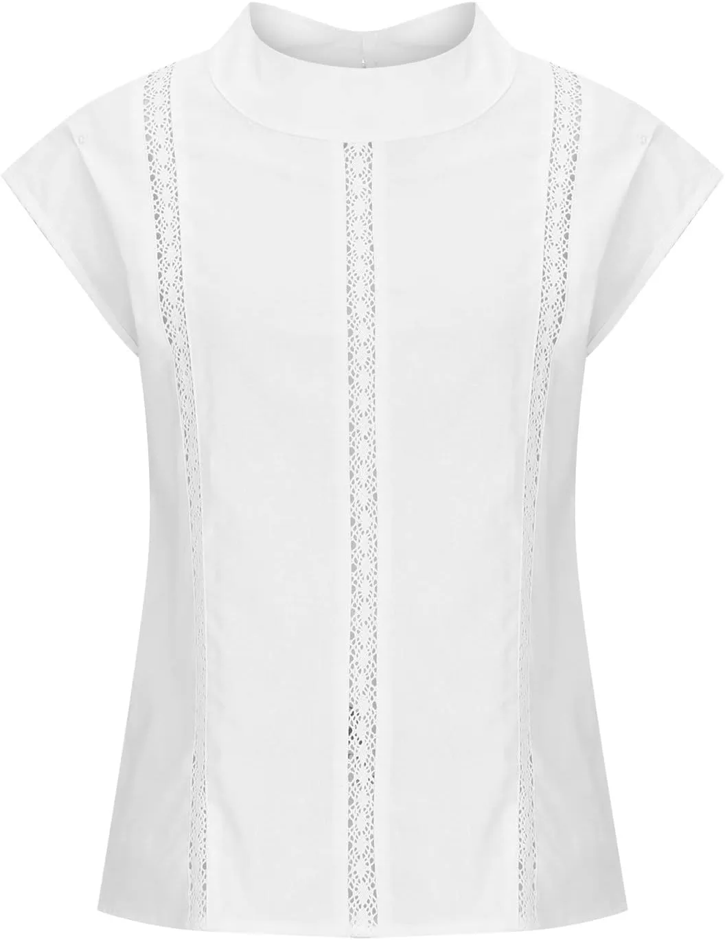 Womens Tshirts Cotton Linen Fashion Slim Fit High Neck Cap Sleeve Lace Shirt Summer Casual Sexy Cotton Linen Blouses
