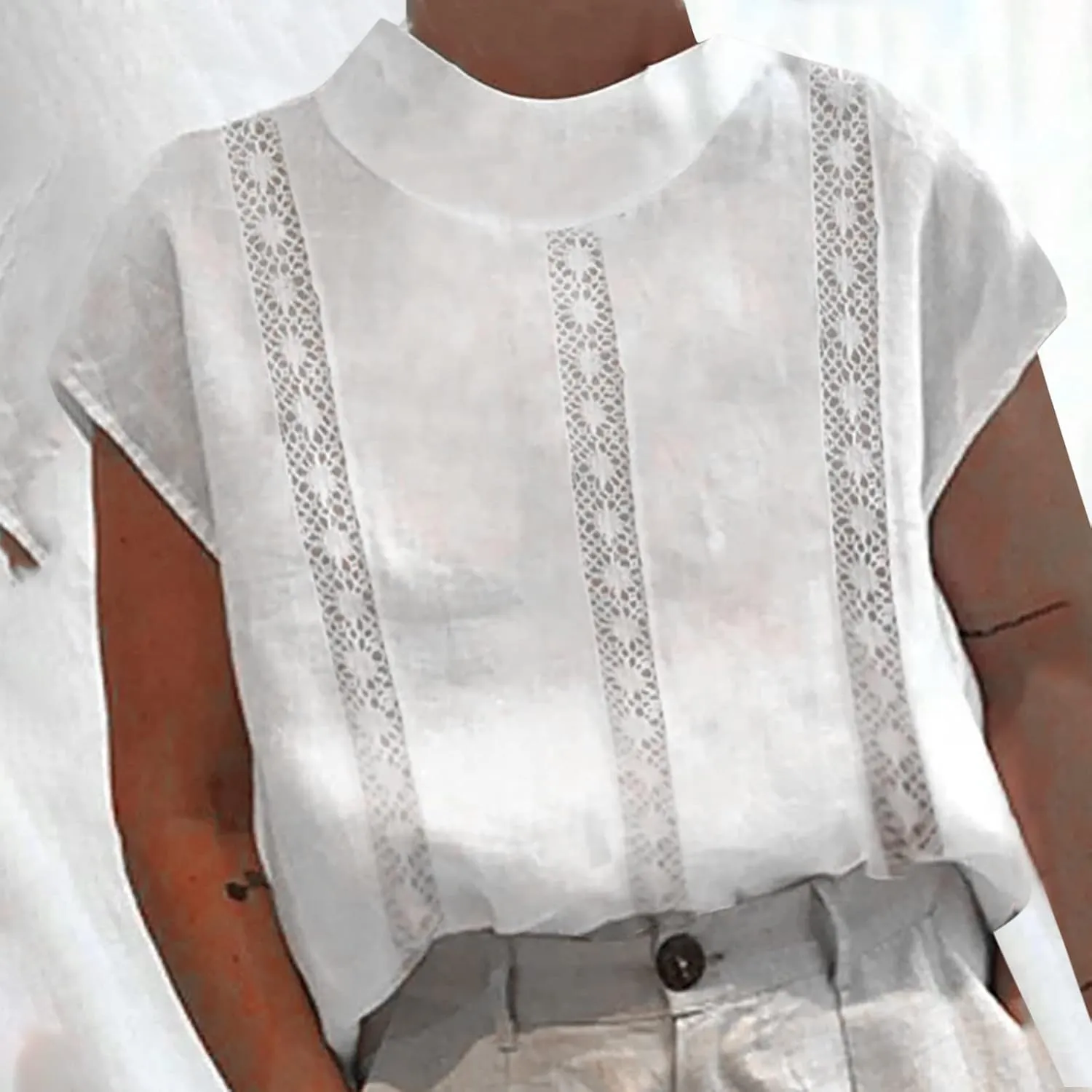 Womens Tshirts Cotton Linen Fashion Slim Fit High Neck Cap Sleeve Lace Shirt Summer Casual Sexy Cotton Linen Blouses