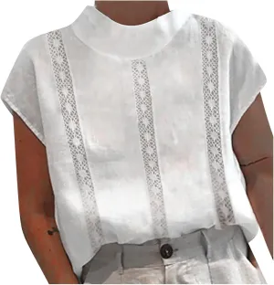 Womens Tshirts Cotton Linen Fashion Slim Fit High Neck Cap Sleeve Lace Shirt Summer Casual Sexy Cotton Linen Blouses