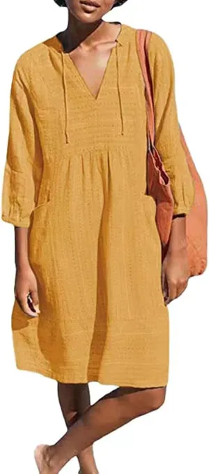 Womens V Neck Cotton Linen Summer Casual Loose Shirts Tunic 3/4 Sleeve Smock Dresses Beach Vacation Dress with Pocket