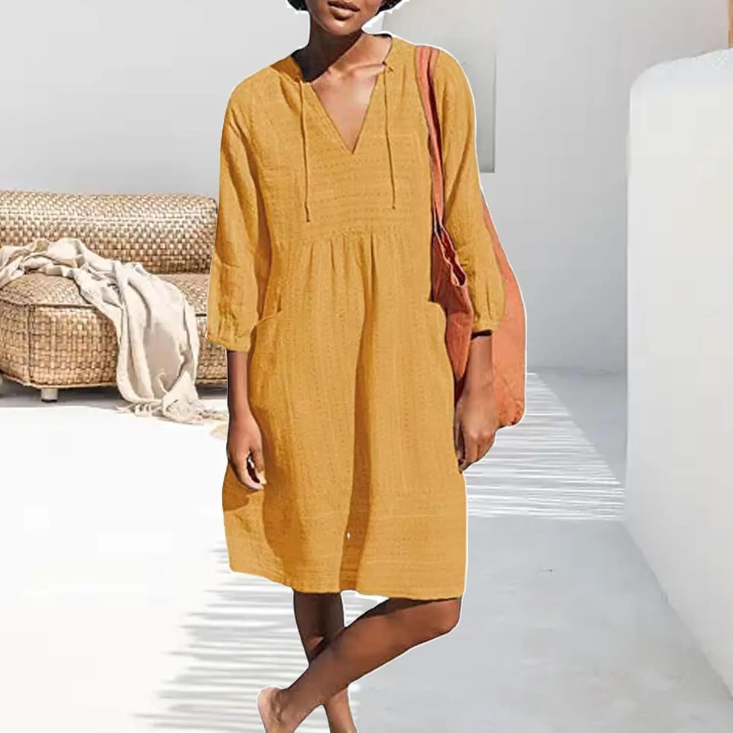 Womens V Neck Cotton Linen Summer Casual Loose Shirts Tunic 3/4 Sleeve Smock Dresses Beach Vacation Dress with Pocket