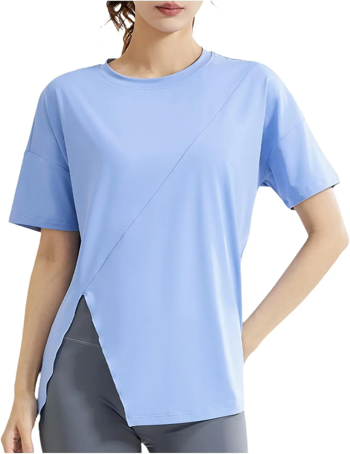 Women's Workout Soft Shirts Short Sleeve Crewneck Quick Dry Yoga T-Shirt Gym Athletic Tops Breathable Tee Side Slit