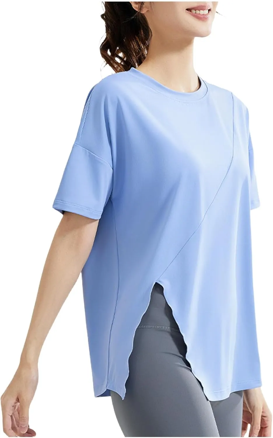Women's Workout Soft Shirts Short Sleeve Crewneck Quick Dry Yoga T-Shirt Gym Athletic Tops Breathable Tee Side Slit