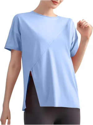 Women's Workout Soft Shirts Short Sleeve Crewneck Quick Dry Yoga T-Shirt Gym Athletic Tops Breathable Tee Side Slit