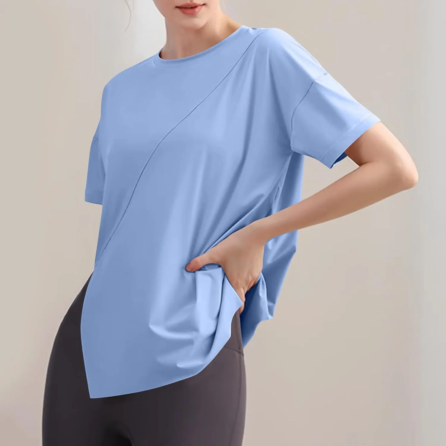 Women's Workout Soft Shirts Short Sleeve Crewneck Quick Dry Yoga T-Shirt Gym Athletic Tops Breathable Tee Side Slit