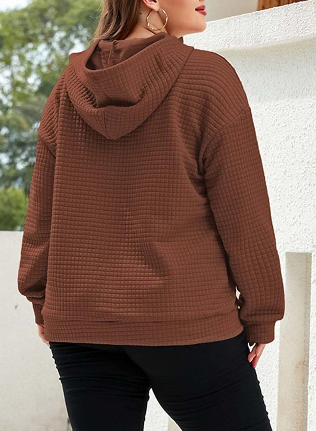 XAKALAKA Plus Size Waffle Hoodie For Women 2023 Fall Casual Loose Fit Drawstring Pullover Sweatshirt with Pockets