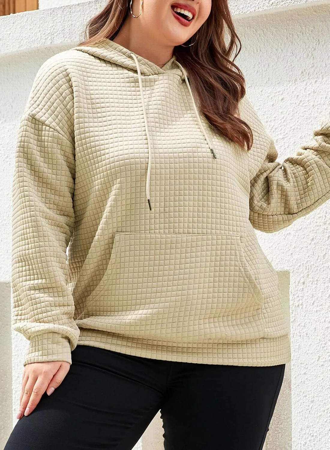 XAKALAKA Plus Size Waffle Hoodie For Women 2023 Fall Casual Loose Fit Drawstring Pullover Sweatshirt with Pockets