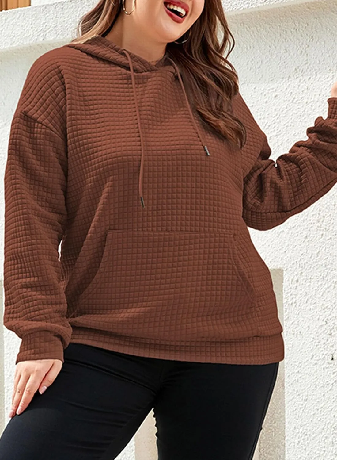 XAKALAKA Plus Size Waffle Hoodie For Women 2023 Fall Casual Loose Fit Drawstring Pullover Sweatshirt with Pockets