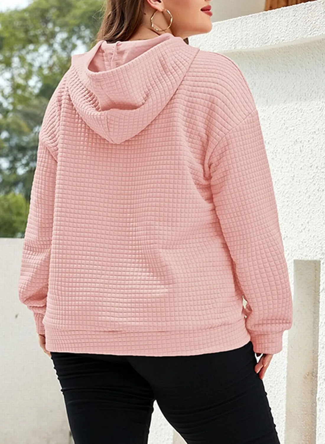 XAKALAKA Plus Size Waffle Hoodie For Women 2023 Fall Casual Loose Fit Drawstring Pullover Sweatshirt with Pockets