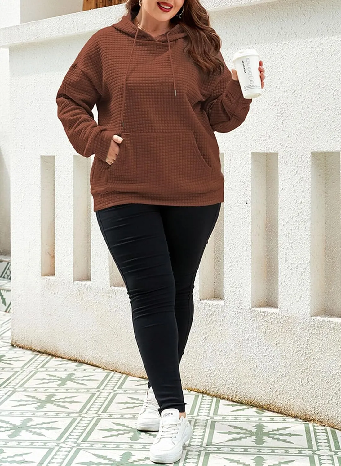 XAKALAKA Plus Size Waffle Hoodie For Women 2023 Fall Casual Loose Fit Drawstring Pullover Sweatshirt with Pockets