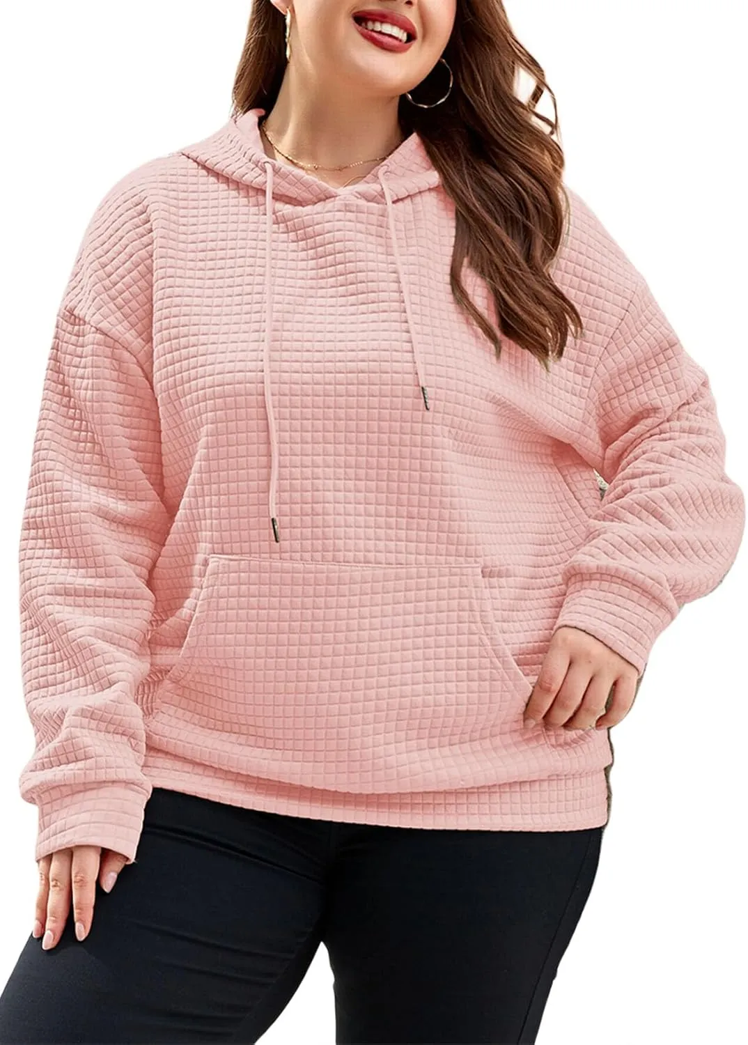XAKALAKA Plus Size Waffle Hoodie For Women 2023 Fall Casual Loose Fit Drawstring Pullover Sweatshirt with Pockets