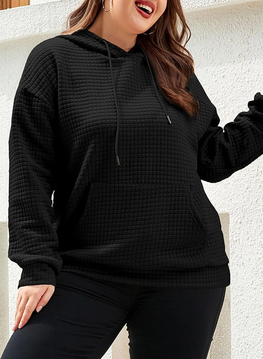 XAKALAKA Plus Size Waffle Hoodie For Women 2023 Fall Casual Loose Fit Drawstring Pullover Sweatshirt with Pockets