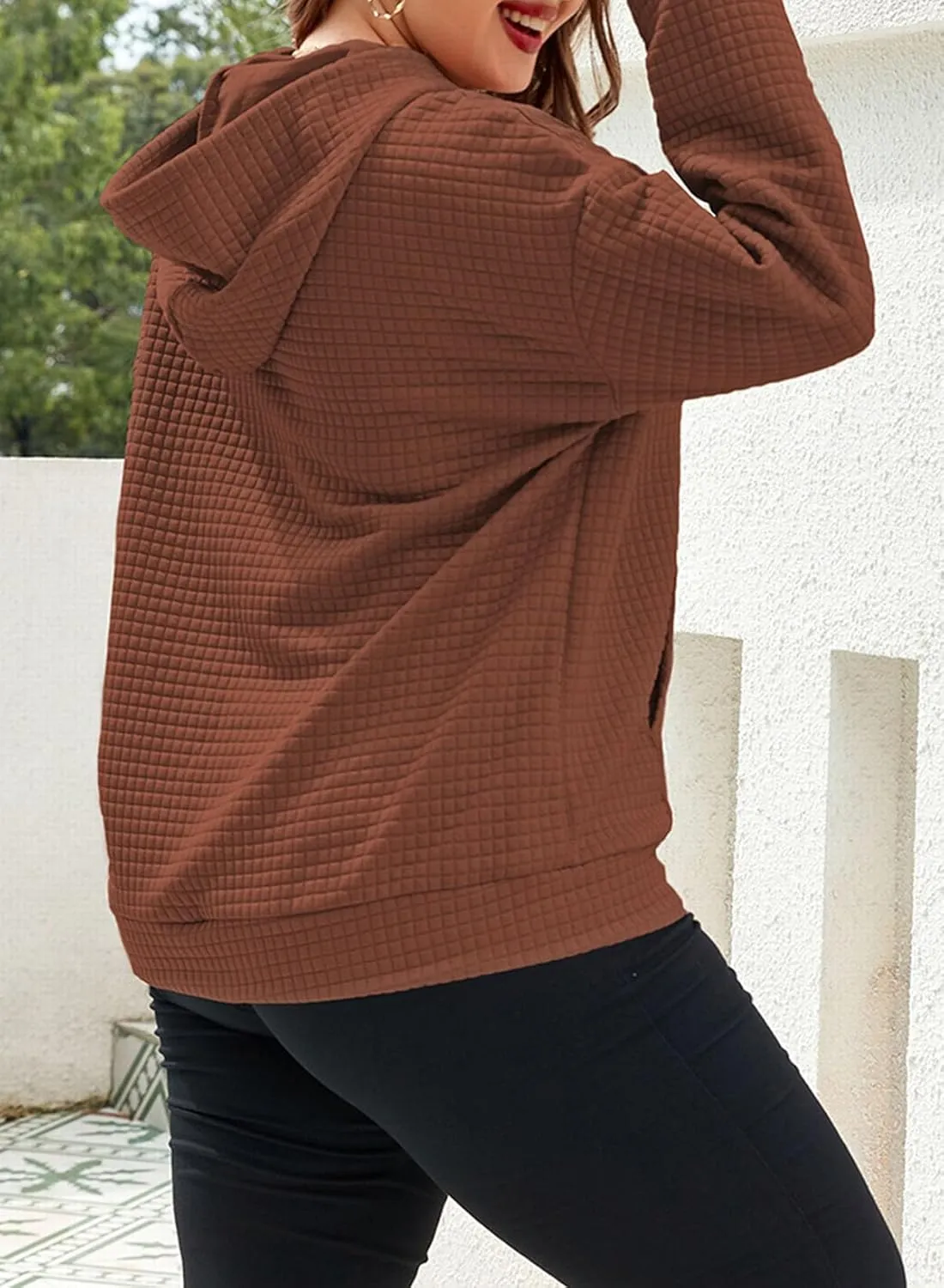 XAKALAKA Plus Size Waffle Hoodie For Women 2023 Fall Casual Loose Fit Drawstring Pullover Sweatshirt with Pockets