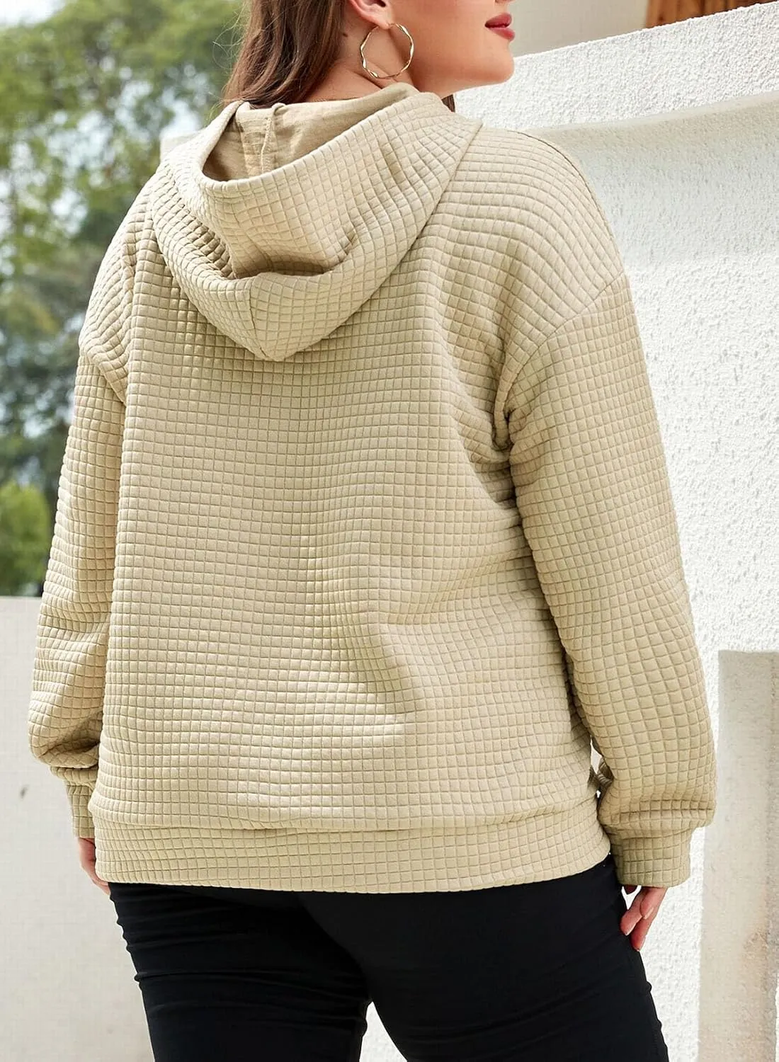 XAKALAKA Plus Size Waffle Hoodie For Women 2023 Fall Casual Loose Fit Drawstring Pullover Sweatshirt with Pockets