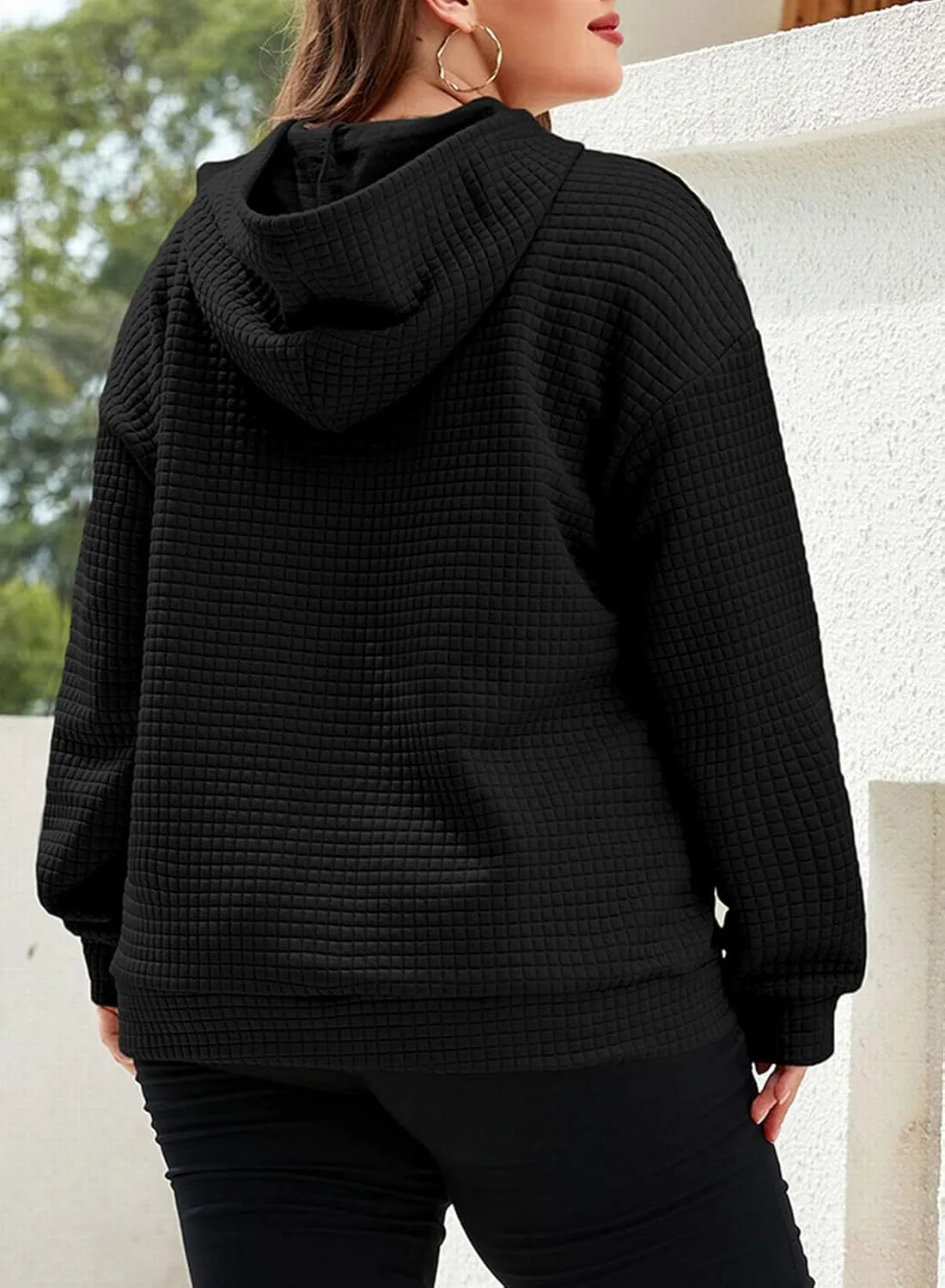 XAKALAKA Plus Size Waffle Hoodie For Women 2023 Fall Casual Loose Fit Drawstring Pullover Sweatshirt with Pockets