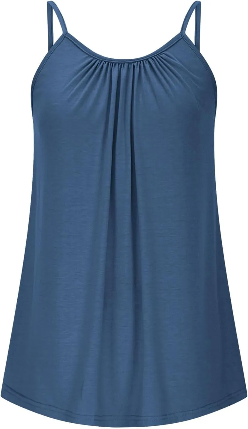 Xiaojmake Plus Size Tank Tops for Women Solid Pleated Loose Cami Spaghetti Strap Flowy Tunics Adjustable Strappy Loose Shirt