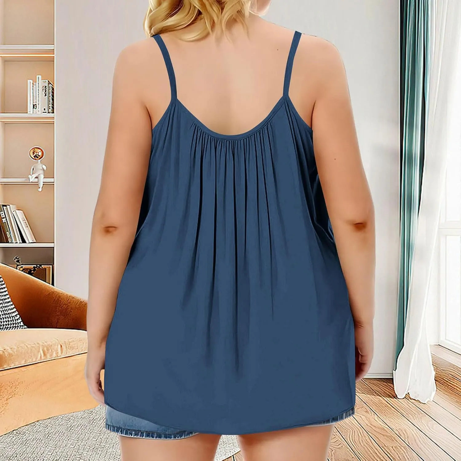 Xiaojmake Plus Size Tank Tops for Women Solid Pleated Loose Cami Spaghetti Strap Flowy Tunics Adjustable Strappy Loose Shirt