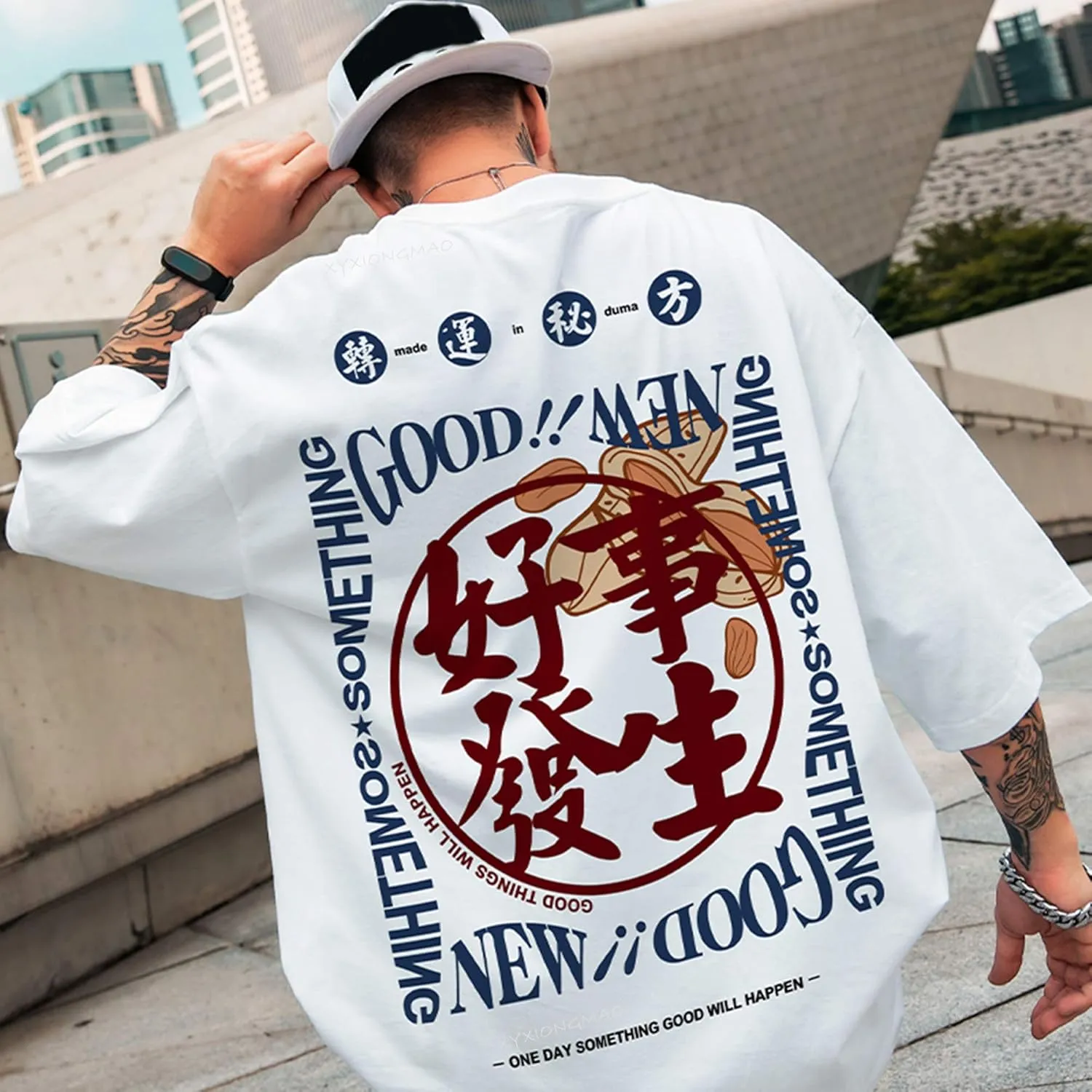 XYXIONGMAO Japanese Kanji Graphic Printed White Casual Tees Shirts Unisex Streetwear Hip Hop T-Shirt for Men