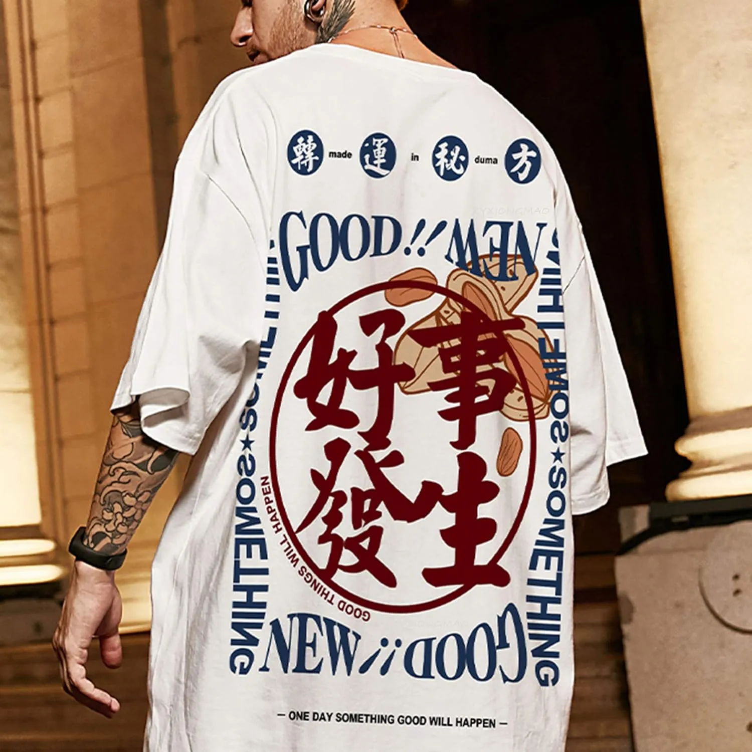 XYXIONGMAO Japanese Kanji Graphic Printed White Casual Tees Shirts Unisex Streetwear Hip Hop T-Shirt for Men