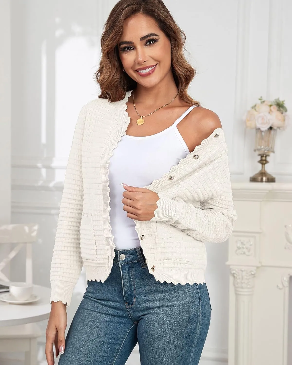 ZAFUL Women's Cardigan Sweaters 2024 Casual Long Sleeve Open Front Button Down Tweed Knit Cardigans Fall Jackets Outerwear