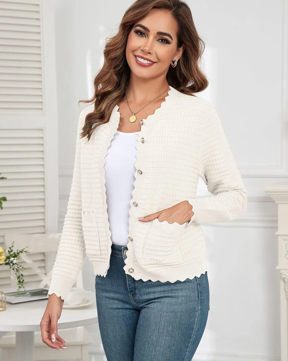 ZAFUL Women's Cardigan Sweaters 2024 Casual Long Sleeve Open Front Button Down Tweed Knit Cardigans Fall Jackets Outerwear