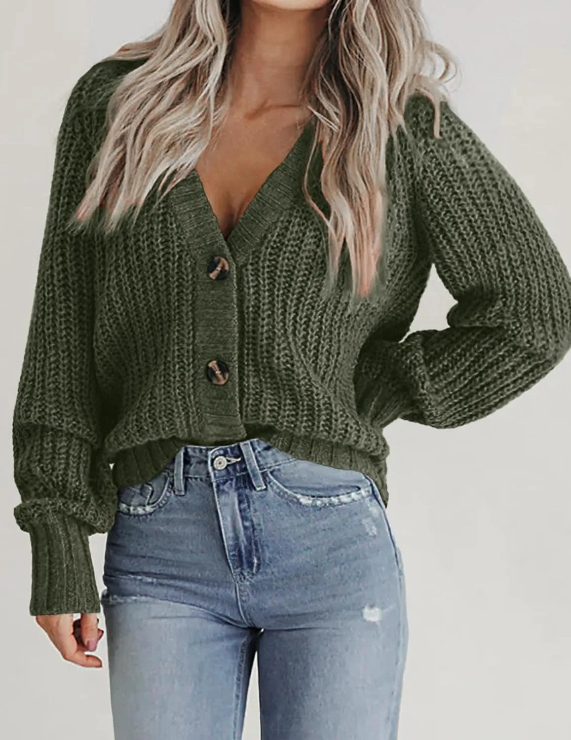 Zeagoo Women's 2025 Fall Chunky Knit Cardigans Open Front Long Sleeve V Neck Button Loose Cardigan Sweaters