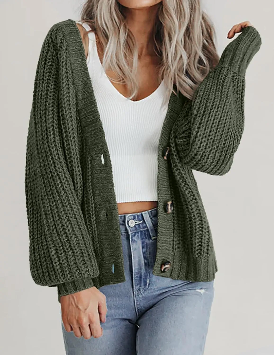 Zeagoo Women's 2025 Fall Chunky Knit Cardigans Open Front Long Sleeve V Neck Button Loose Cardigan Sweaters