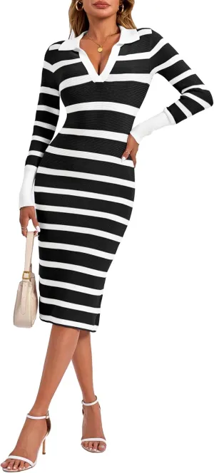 Zwurew Women's Fall Sweater Dresses 2024 Stripes V Neck Long Sleeve Side Slit Bodycon Dress