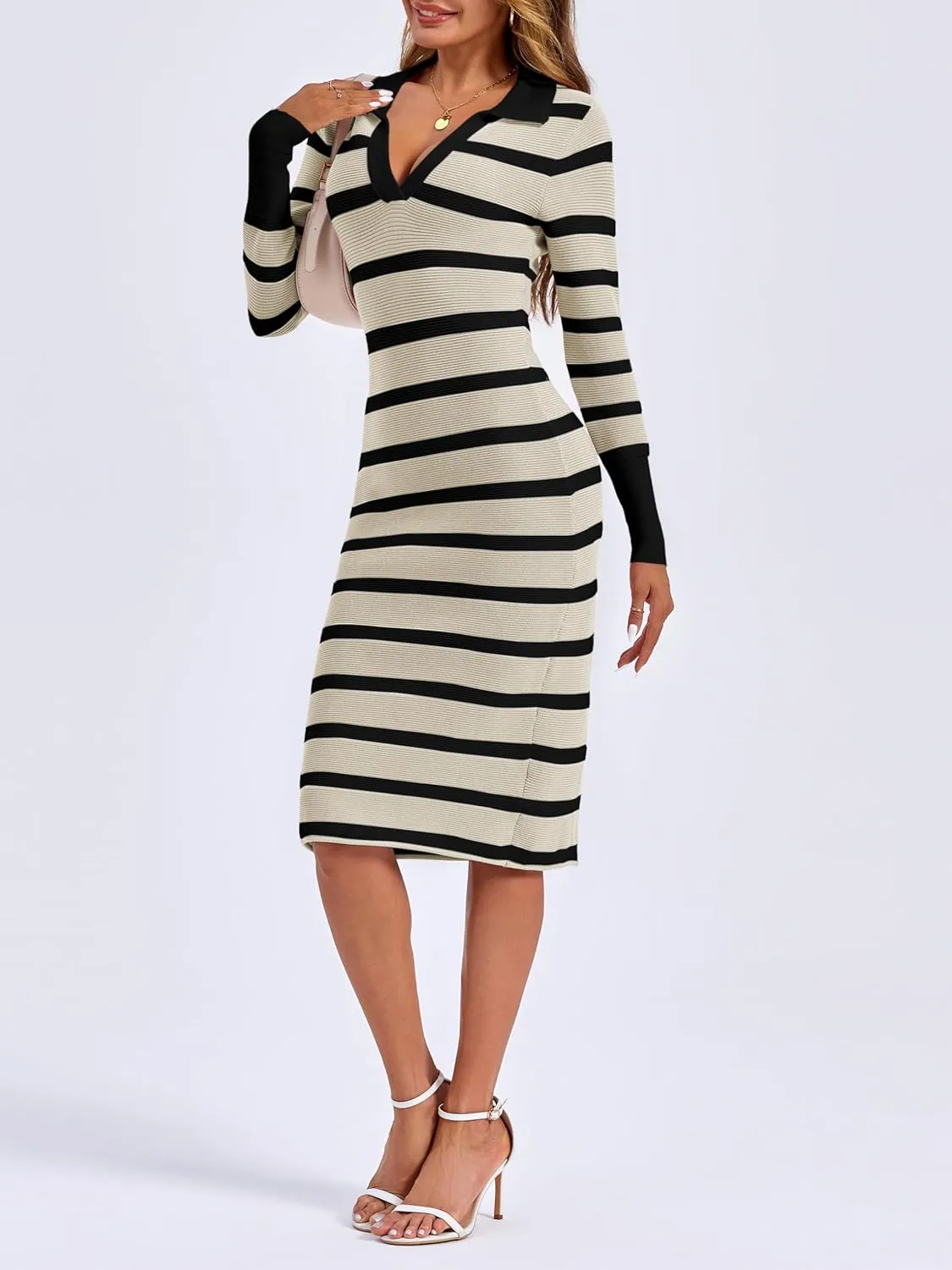 Zwurew Women's Fall Sweater Dresses 2024 Stripes V Neck Long Sleeve Side Slit Bodycon Dress