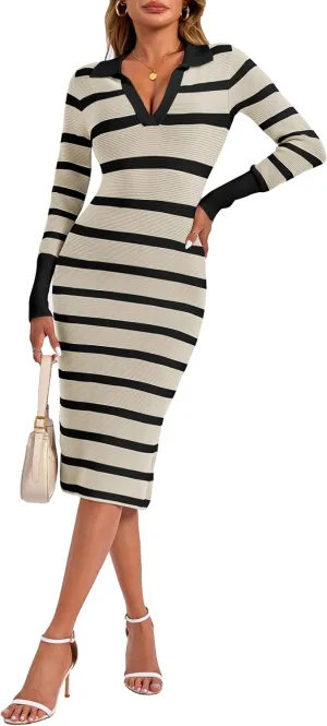 Zwurew Women's Fall Sweater Dresses 2024 Stripes V Neck Long Sleeve Side Slit Bodycon Dress
