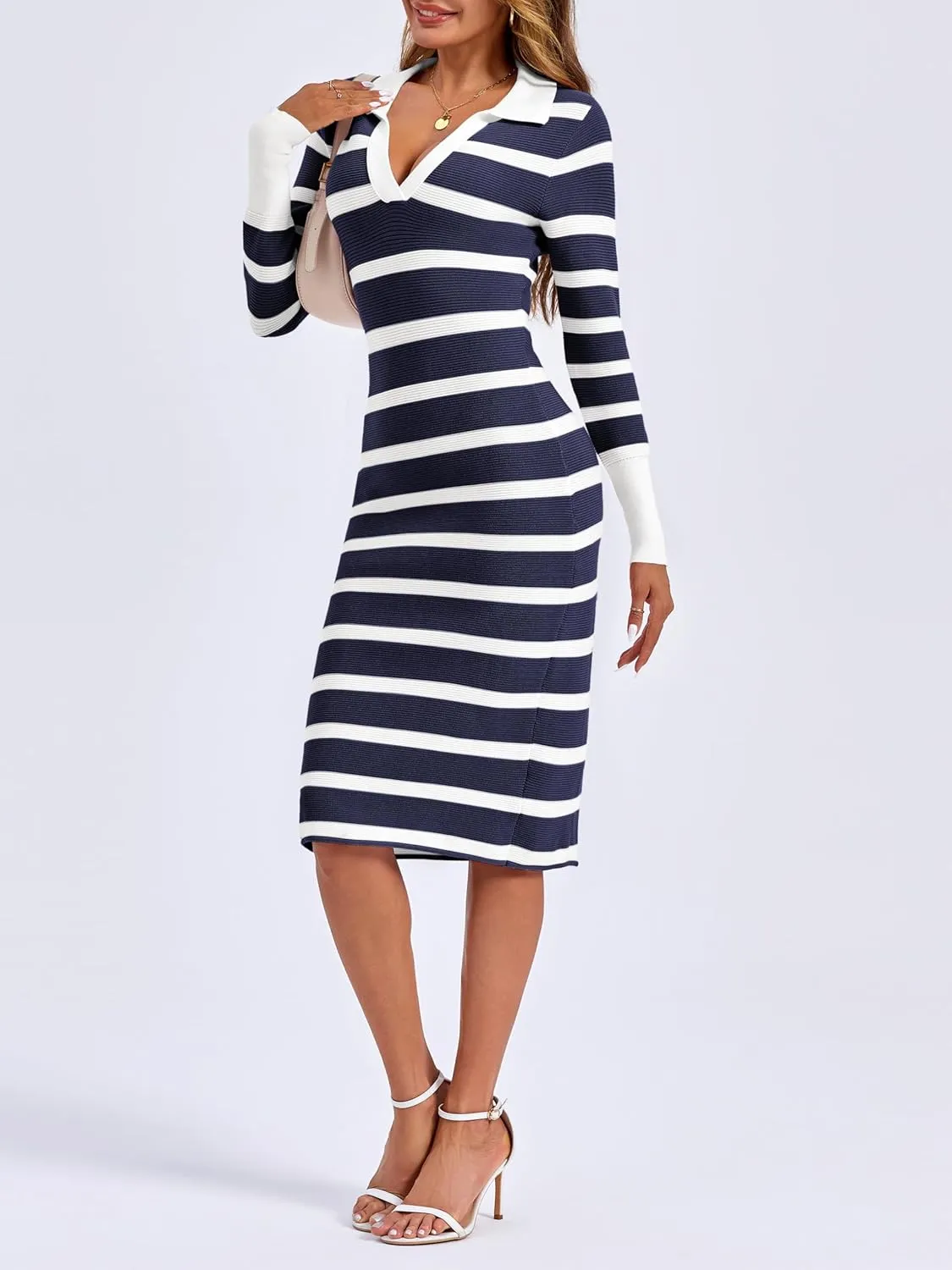 Zwurew Women's Fall Sweater Dresses 2024 Stripes V Neck Long Sleeve Side Slit Bodycon Dress
