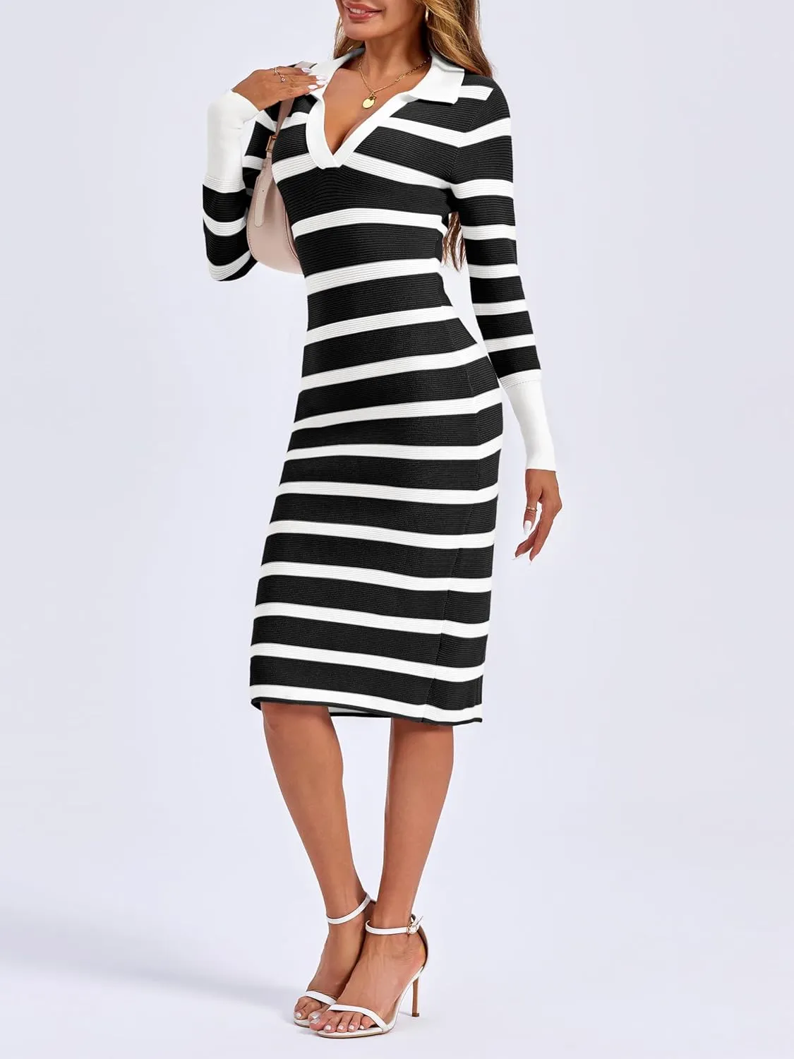 Zwurew Women's Fall Sweater Dresses 2024 Stripes V Neck Long Sleeve Side Slit Bodycon Dress