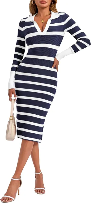 Zwurew Women's Fall Sweater Dresses 2024 Stripes V Neck Long Sleeve Side Slit Bodycon Dress