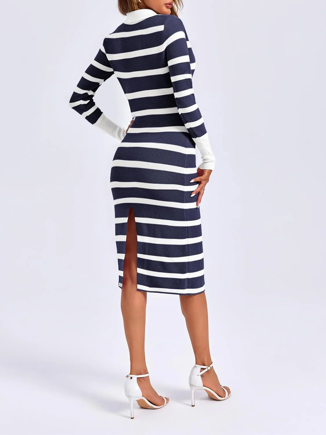 Zwurew Women's Fall Sweater Dresses 2024 Stripes V Neck Long Sleeve Side Slit Bodycon Dress